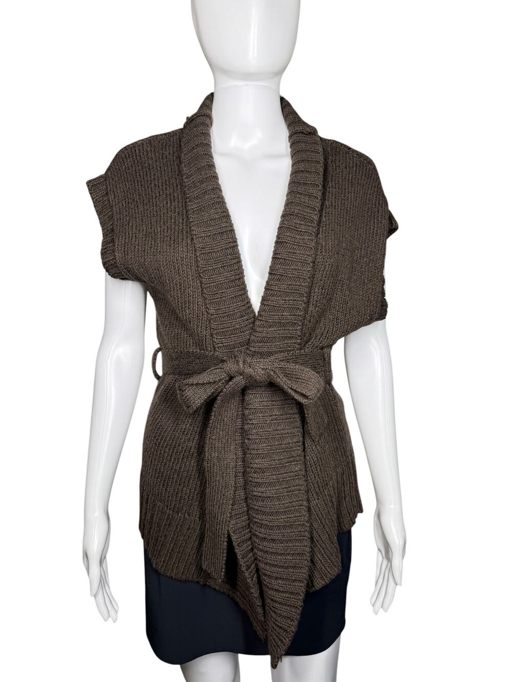 Ann Taylor Brown Wool Blend Open Front Cardigan Vest w Tie Waist Belt Sash Small